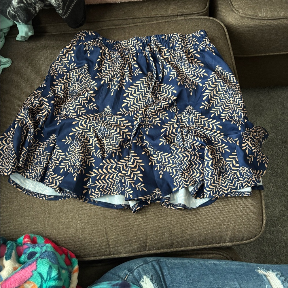 Navy Leaf Print Ruffle Skirt